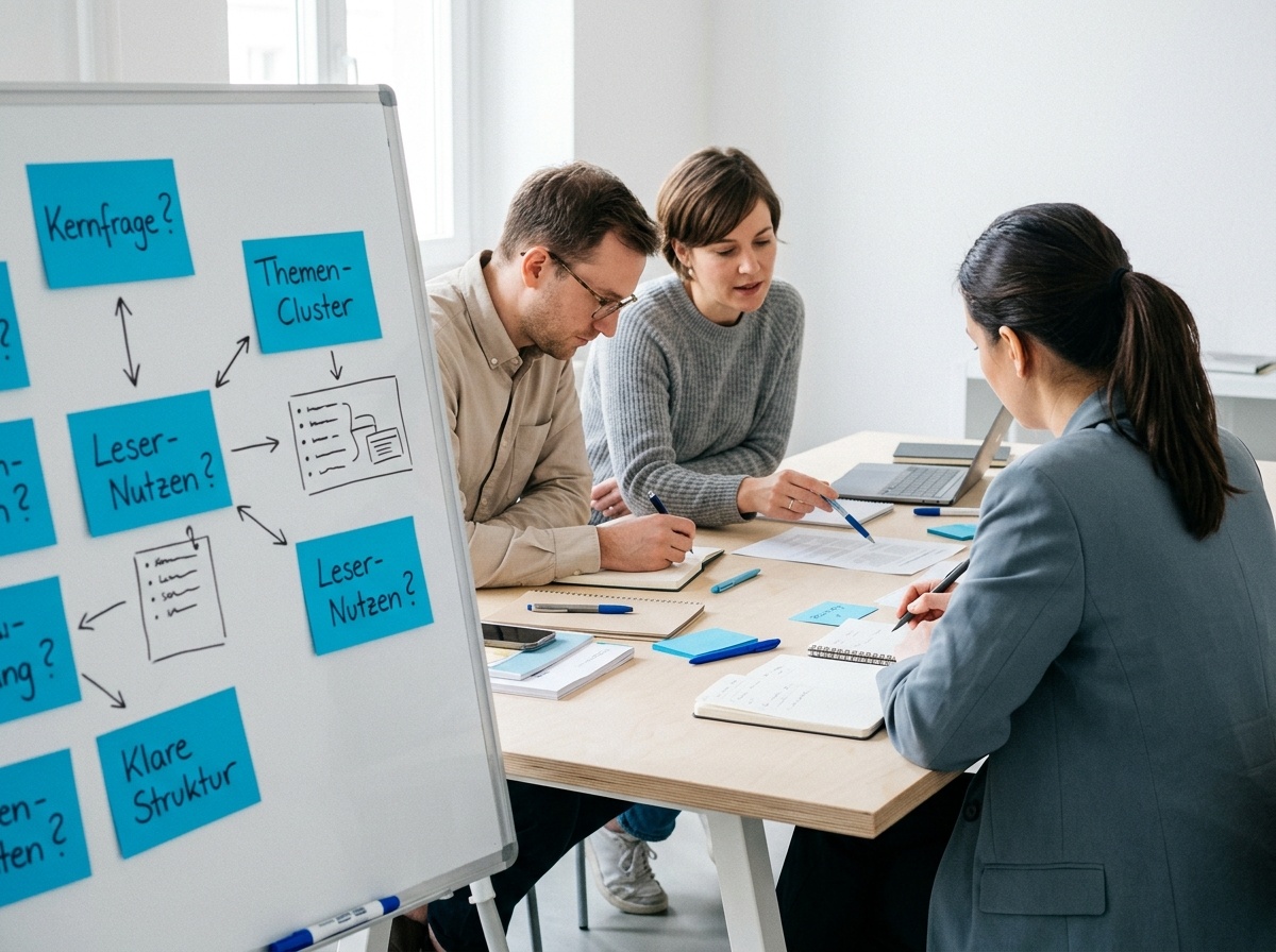 Redaktionsteam bespricht Finanzartikel am beschrifteten Whiteboard